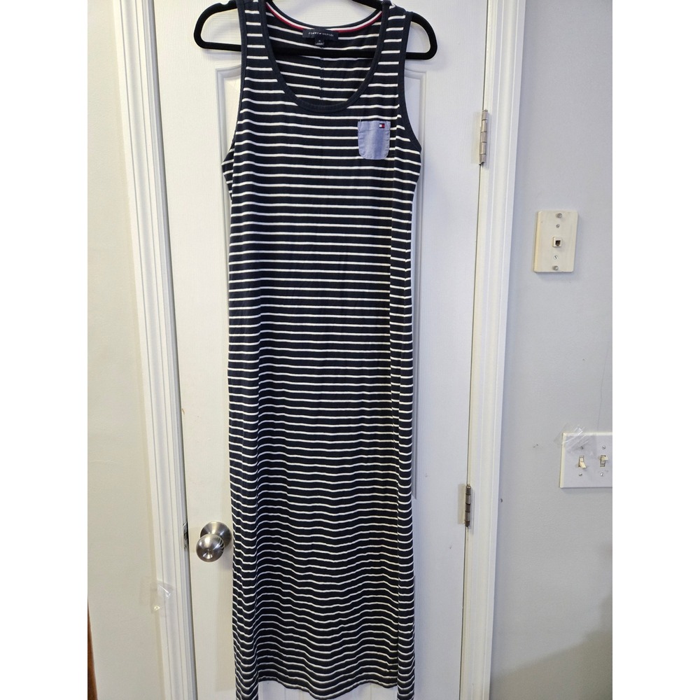 Tommy Hilfiger‎ Womens Navy White Striped Sleeveless Pocket Maxi Dress M